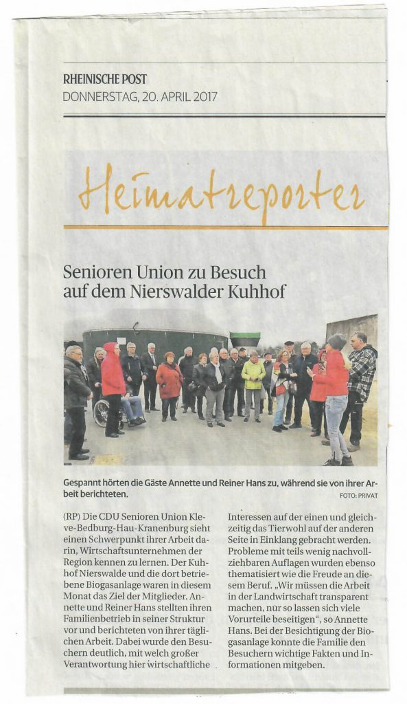 Pressebericht RP Senioren Union besucht Nierswalder Kuhhof