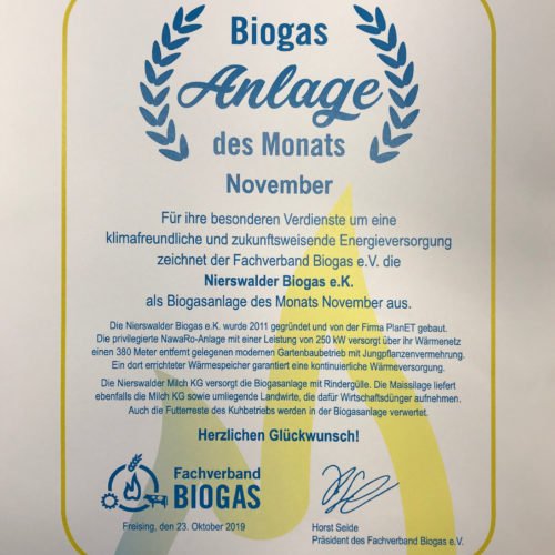 Wir freuen uns über die Auszeichnung zur „Biogasanlage des Monats November 2019”! Nierswalder Biogas e.K., Goch